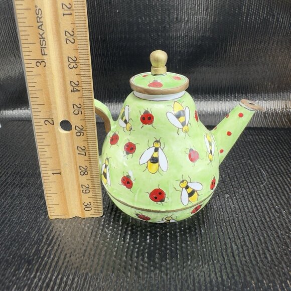 1999 KELVIN CHEN Enamel Lidded Tea Pot Mini Teapot Bee Ladybug Small Jug Pitcher - Picture 5 of 10